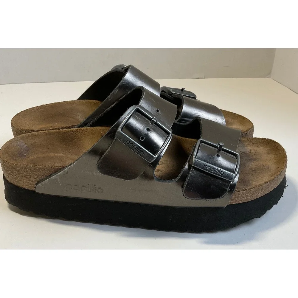 Papillio by Birkenstock Arizona Platform Sandals Metallic Silver EU 37 US 6-6.5